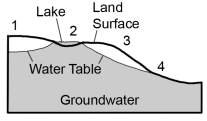 Where on this cross section would groundwater most likely flow out to the surface?   A)  1, 2, and 3 B)  1 and 3 C)  2 and 4 D)  2 only E)  4 only