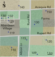 This map shows elevations of the water table beneath an area. Which way does the upper level of groundwater flow? Generally toward the:   A)  south B)  north C)  northeast D)  northwest