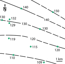 Using the figure shown of a contour map of groundwater locations, determine the general direction of the groundwater flow.   A)  South B)  North C)  East D)  West
