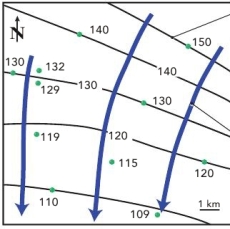 The arrows drawn perpendicularly to the contour lines on the contour map shown indicate the direction of the groundwater flow. In this example the groundwater is:   A)  flowing down the slope of the water table from higher contours to lower ones B)  flowing up the slope of the water table from lower contours to higher contours C)  flowing parallel to the slope of the water table from lower contours to higher contours