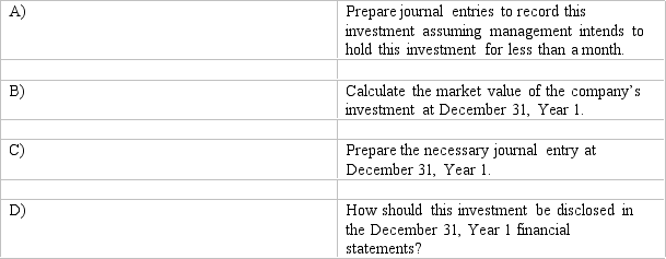 Trattoria,Inc.engaged in the following investment transactions during Year 1:   At December 31,Year 1,the market value of Tarbet's shares was $54.  <div style=padding-top: 35px> 