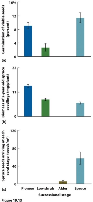    (Figure 19.13) Researchers in Glacier Bay, Alaska, planted Sitka spruce seeds (Picea sitchensis) in four seral stages recovering from deglaciation: pioneer stage (dominated by lichens, mosses and herbs), low-shrub stage (dominated by Dryas drummondii), alder stage (dominated by Alnus sinuate shrubs), and spruce stage (dominated by P. sitchensis). The researchers originally hypothesized that each seral state facilitates species in the subsequent stage. Do the data shown in the figure support their hypothesis? If so, explain. If not, what would explain the results? What type of successions is this area undergoing?