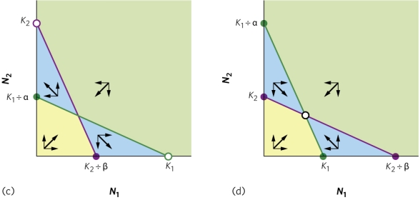    (Figure 16.8c and d) Compare the outcomes of competition between species 1 and 2 in the figure. Justify your answers.