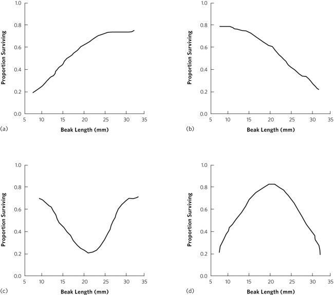   The four plots in the figure show possible relationships between the survival and beak length in an island population of birds. Which plot is an example of disruptive selection? A)  plot a B)  plot b C)  plot c D)  plot d