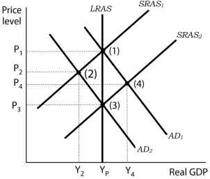 Figure 17-2   -Refer to Figure 17-2. The economy is initially in equilibrium at point (1) . Now suppose a reduction in the money supply causes aggregate demand to fall to AD<sub>2</sub>. Which of the following explains the new classical view regarding economic agents' response to the decrease in money supply? A)  Consumers and firms observe that the money supply has fallen and that the price level has fallen to P<sub>2</sub>. Consumers respond by increasing their demand for output and firms in turn increase their supply to meet the rising demand. The economy moves back to point (1) . B)  Consumers and firms observe that the money supply has fallen and that the price level has fallen to P<sub>2</sub>. To prevent further reductions in the price level, firms increase output at the same time as consumers increase aggregate demand. The economy moves to point (4) , bypassing point (3) . C)  Consumers and firms observe that the money supply has fallen and anticipate the eventual reduction in the price level to P<sub>3</sub>. They adjust their expectations accordingly. Workers agree to lower nominal wages, and the short-run aggregate supply curve shifts to SRAS<sub>2</sub> at the same time as aggregate demand falls, bypassing point (2) . D)  Consumers and firms observe that the money supply has fallen and anticipate the eventual reduction in the price level to P<sub>4</sub>. They adjust their expectations accordingly. Workers agree to lower nominal wages, and the short-run aggregate supply curve shifts to SRAS<sub>2</sub> at the same time as aggregate demand rises, moving the economy to point (4) . 