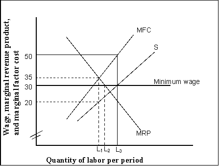   -(Exhibit: Minimum Wage and Monopsony)  If a $30 minimum wage is imposed, the monopsony firm in the exhibit would maximize profits by hiring _______ units of labor per period at the wage _______ . A)  L<sub>1</sub>; $35 B)  L<sub>2</sub>; $20 C)  L<sub>2</sub>; $30 D)  L<sub>3</sub>; $30 