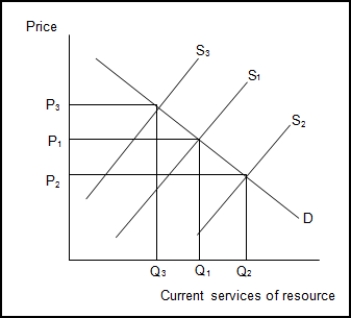   -(Exhibit: Future Generations and Exhaustible Natural Resources)  If S<sub>1</sub> is the current supply curve, the efficient price is _______ and the efficient consumption level is _______ . A)  P<sub>3</sub> ; Q<sub>3 </sub> B)  P<sub>1</sub> ; Q<sub>1 </sub> C)  P<sub>2</sub> ; Q<sub>2 </sub> D)  None of the above are correct. 