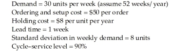 Table 5.11 The following information has been collected on an independent demand item:   You will need to refer to a normal table to answer the question(s) . -Use the information from Table 5.11.Design a continuous review system (Q system) for this item,making Q equal to the EOQ.Assume that the demand during lead time is normally distributed.What are the desired values for Q and R? A) Q is between 138 and 142,and R is between 34 and 38. B) Q is between 121 and 125,and R is between 80 and 84. C) Q is between 138 and 142,and R is between 39 and 42. D) Q is between 121 and 125,and R is between 53 and 57.