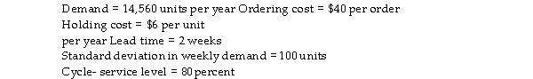 <strong>Your firm uses a continuous review system (Q system), where the inventory position is updated after every transaction. The firm operates 52 weeks per year. One of the items has the following characteristics: If Q is made equal to the EOQ, what are the desired values for Q and R?</strong> A) Q is between 65 and 69, and R is between 362 and 366. B) Q is between 439 and 443, and R is between 559 and 563. C) Q is between 439 and 443, and R is between 678 and 682. D) Q is between 65 and 69, and R is between 398 and 402.