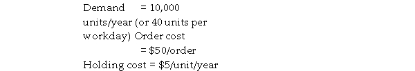 <strong>Cynthia Korinsky, manager of a large medical supply house that operates 50 weeks per year and 5 days per week, has decided to implement a periodic review system for all class A items. One such item has the following characteristics: If Korinsky wishes to minimize total cost (thereby approximating the EOQ), what should be P, the number of workdays between orders?</strong> A) less than or equal to 10 days B) greater than 10 days but less than or equal to 12 days C) greater than 12 days but less than or equal to 14 days D) greater than 14 days