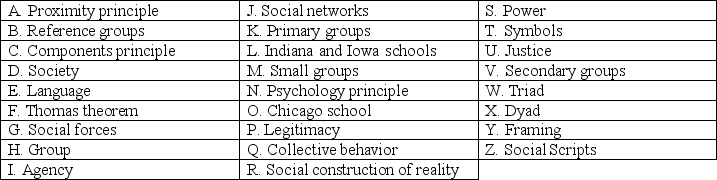 Match the term to its definition by filling in the letter before the term in the appropriate blank. ____ The process by which individuals transform the meaning of a situation using basic cognitive structures provided by society.