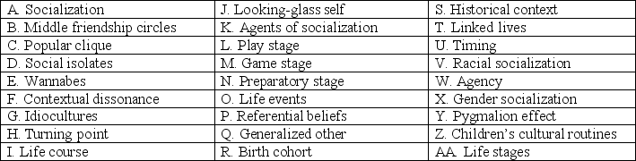 Match the term to its definition by filling in the letter or letters before the term in the appropriate blank.   ____ The process of personal change from infancy to late adulthood resulting from personal and societal events and from transitions into and out of social roles.<div style=padding-top: 35px> 