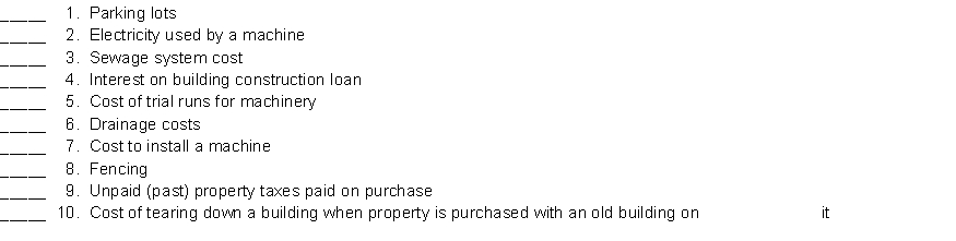 Indicate whether each of the following expenditures should be classified as land (L), land improvements (LI), buildings (B), equipment (E) or none of these (X).  