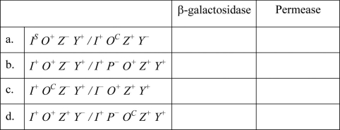  For each of the following E. coli partial diploid strains, indicate whether expression of  \beta -galactosidase and permease is inducible (I), constitutive (C), or negative (no product made)(N). Assume glucose levels are very low. Which of the strains are able to use lactose as their sole carbon source?   