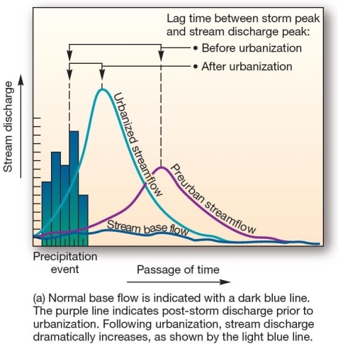   This graph,showing the effects of urbanization on streamflow over time,is an example of a A) water budget. B) hydrograph. C) climograph. D) hydrological cycle. E) cladogram.