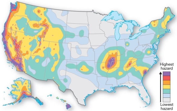 <strong> Earthquake hazard map for the United States. Within the United States,which area has the highest earthquake hazards?</strong> A)West Coast B)East Cost C)Gulf coast D)mid-continent E)upper Midwest