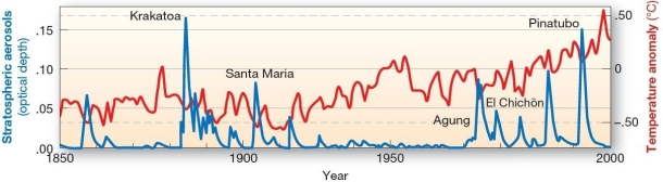 <strong> Temperature impacts of aerosols from volcanic eruptions The graph shows that from 1850 to 2000,five large volcanic eruptions have</strong> A)caused a sudden rise in global temperatures,often lasting a decade or more. B)led to dramatic increases in regional temperatures over the past century. C)increased the amount of acid deposition in areas surrounding the eruptions. D)had no noticeable effects on global temperatures,only local and regional temperatures. E)resulted in lowered global temperatures for several years.