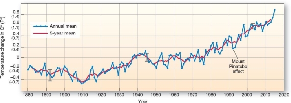 <strong>  Global land-ocean temperature trends,1880-2015.The graph shows change in global surface temperatures relative to the 1951-1980 global average.The gray bars represent uncertainty in the measurements.Note the inclusion of both annual average temperature anomalies and 5-year mean temperature anomalies;together,they give a sense of overall trends.[Based on data from NASA/GISS;available at http:// climate.nasa.gov/vital-signs/global-temperature/.] Since 1880,global land-ocean temperatures have shown</strong> A)a warming trend. B)a cooling trend. C)an oscillation between warming and cooling. D)a cooling trend until 1950,then a rapid warming trend. E)no trend. <div style=padding-top: 35px> 
