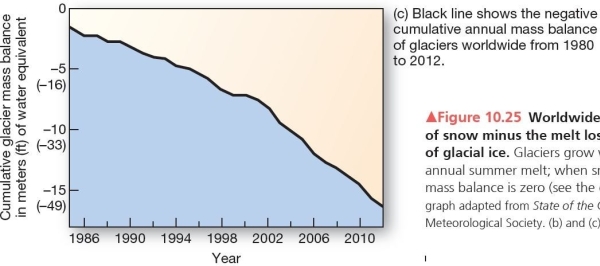  Worldwide annual glacial mass balance  Annual mass balance of glaciers worldwide from 1980 to 2012 A) indicates a positive cumulative annual mass balance. B) shows a negative cumulative annual mass balance. C) has fluctuated greatly,with some positive and some negative years. D) trends near zero,indicating snowfall and melting are mostly equal. E) was positive through 1995 and has been slightly negative since.