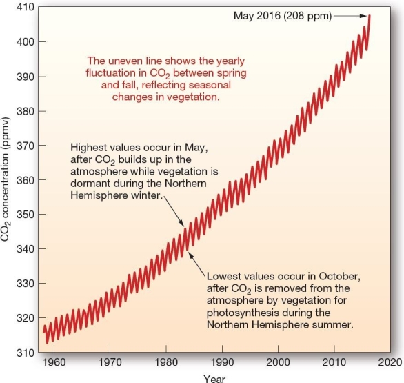 <strong> The is a graph which plots monthly averages of CO2 concentrations since 1958.</strong> A)Keeling Curve B)PETM C)Maunder minimum D)Younger Dryas E)MCA