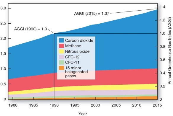 Greenhouse gases: Relative percentages of radiative forcing  Which of the following gases accounts for the largest amount of radiative forcing? A) carbon dioxide (CO2)  B) nitrous oxides (N2O)  C) chlorofluorocarbons (CFCs)  D) methane (CH4)  E) hydrofluorocarbons (HFCs) 