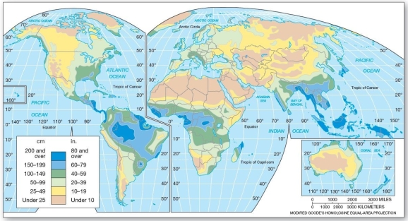  Worldwide average annual precipitation  Regarding average annual precipitation,which of the following is correct? A) The highest amounts occur throughout subtropical latitudes. B) The drier regions are associated with the eastern portions of major landmasses. C) The precipitation tends to increase with latitude toward the poles. D) The highest average values occur along the equator. E) Precipitation values tend to be greatest in central Australia.