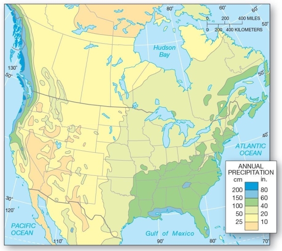 Precipitation in North America-the water supply.   Which of the following is true of precipitation in North America? A) The highest amounts occur in the Southwest and Midwest. B) The highest amounts occur in the Southeast and extreme South. C) The lowest amounts are received in the Midwest. D) The lowest amounts are received near Hudson Bay. E) The highest amounts occur in the Great Plains.