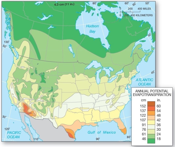  Potential evapotranspiration for the United States and Canada-the water demand.  Which of the following is true of evapotranspiration in North America? A) The lowest amounts occur in the Southwest and southern Texas. B) The lowest amounts occur in northern Canada. C) The highest amounts occur in the Midwest. D) The highest amounts occur in the U.S.Pacific Northwest. E) The highest amounts occur in the northeastern United States.