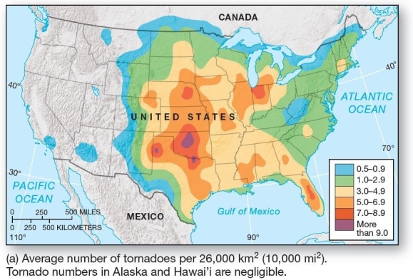  Tornado occurrence in the United States  The highest frequency of tornadoes per 26,000 km<sub>2 </sub>(10,000 mi<sup>2</sup>) in the United States occurs in A) Nebraska. B) South Dakota. C) Florida. D) Oklahoma. E) California.