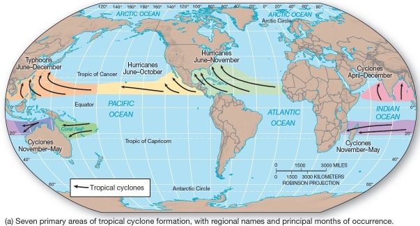  Tropical cyclone formation areas and storm tracks  Cyclones in the southern Indian Ocean usually occur between A) November and May. B) April and December. C) June and October. D) August and December. E) June and November.