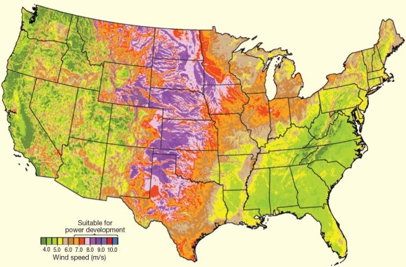  Wind-speed map of the contiguous United States  Within the United States,the areas best suited for wind energy development based on predicted average wind speeds is A) the West Coast. B) the East Coast. C) the South,particular along the Florida peninsula. D) the Great Plains (central U.S. ) . E) the Appalachian Mountains.