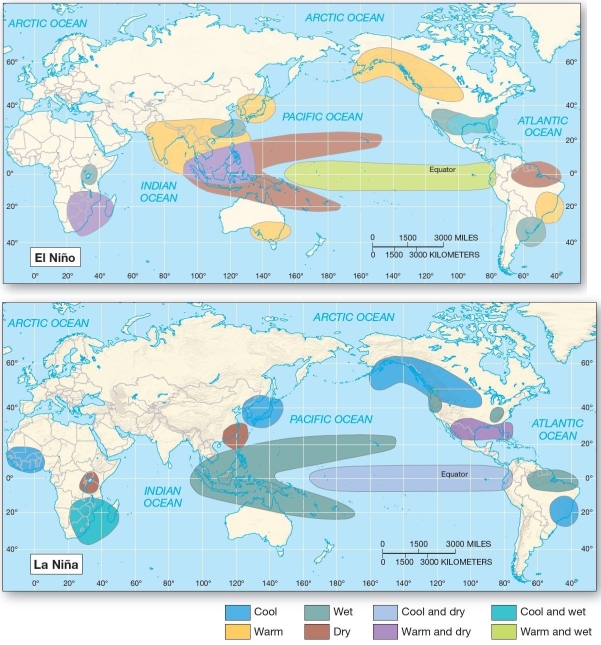 101)   Global impacts of El Niño (top) and La Niña (bottom) from December--February (Northern Hemisphere winter) .  Which of the following is associated with a La Niña-ENSO Phase? A) stronger hurricanes in the eastern Pacific B) droughts in South Africa,India,Australia,and the Philippines C) wetter conditions throughout Indonesia,the South Pacific,and northern Brazil D) dryer conditions in the western Pacific and across Indonesia E) warmer conditions in parts of Canada
