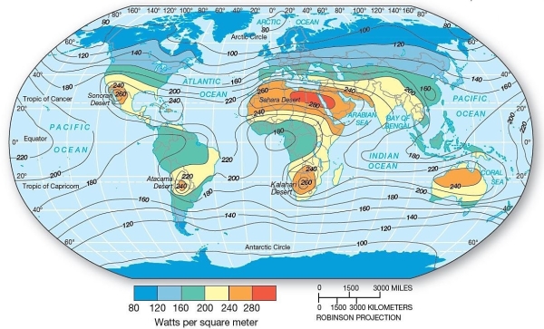  Insolation at Earth's Surface  The insolation received at Earth's surface is A) usually low at the equator. B) generally greater at high latitudes because of day length. C) greatest over low-latitude deserts with their cloudless skies. D) inadequate to sustain life. E) highest in the mid-latitudes due to seasonality.