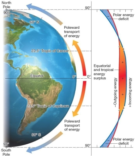 36)   Energy budget by latitude.Low-latitude energy surpluses and high-latitude energy deficits produce the poleward transport of energy and mass in each hemisphere,through atmospheric circulation and ocean currents   On the average,which of the following is true regarding the distribution of shortwave and longwave energy at Earth's surface by latitude? A) The equatorial zone is a region of net deficits. B) The polar regions are areas of net surpluses. C) The distribution shows an imbalance of net radiation from equator to poles. D) More energy is lost than is gained in the equatorial regions. E) The midlatitudes are the area of the largest surpluses throughout the year.