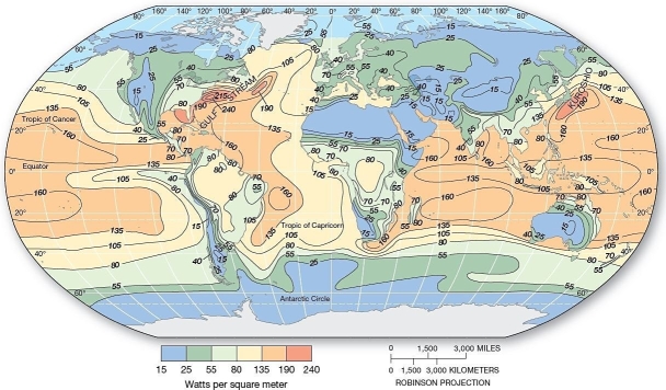  Global latent heat of evaporation.Annual energy dissipated as the latent heat of evaporation (LE) at the surface.Note the highest values over areas with high sea-surface temperatures associated with warm ocean currents-the Gulf Stream off the east coast of North America and the Kuroshio off the east coast of Japan.[Adapted from M.I.Budyko,<i>The Earth's Climate</i>,Past and Future, 1982 Academic Press.]   On land,the highest annual values for latent heat of evaporation (LE) occur A) near the poles. B) over the subtropics. C) in the tropics. D) in the midlatitudes. E) in continental interiors.