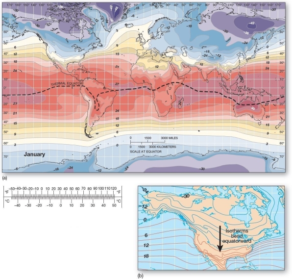  Global average temperatures for January.(a) Temperatures are in Celsius (convertible to Fahrenheit by means of the scale) as taken from separate air temperature databases for ocean and land.   In January,the thermal equator A) trends southward into the interior of South America and Africa. B) trends northward over all ocean basins. C) peaks in the interior of Eurasia. D) is not influenced by continentality. E) is highest over ocean basins.