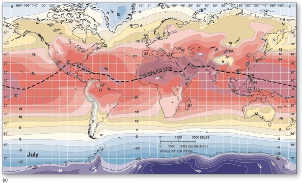    Global average temperatures for July.(a) Temperatures are in Celsius (convertible to Fahrenheit by means of the scale) as taken from separate air temperature databases for ocean and land.   In July,the thermal equator A) trends southward over continents and northward over the oceans. B) trends northward over continents and southward over the oceans. C) assumes an orientation that closely parallels that of the equator. D) is apparently random and has yet to be adequately explained. E) follows the January thermal equator,but inversed.