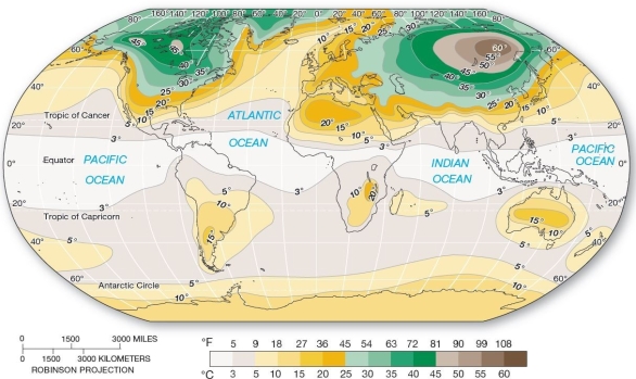  Global annual temperature ranges.The annual ranges of global temperatures in Celsius degrees,C°,with conversions to Fahrenheit degrees,F°,shown on scale.The mapped data show the difference between average January and July temperature maps.   Which is true for global annual temperature ranges? A) The lowest ranges occur over continental interiors in the Northern Hemisphere. B) The greatest ranges occur in the subtropics over the oceans. C) The greatest ranges occur over the continental masses in the Southern Hemisphere. D) The greatest ranges occur in east central Siberia in Russia. E) The lowest ranges occur in central Australia.