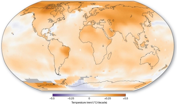  Surface-temperature anomalies from 1950 to 2014,compared to 1951-1980 baseline.Oranges indicate positive anomalies (warmer temperatures) ;purples indicate negative anomalies (cooler temperatures) .[GISS/NASA.]   The overall trend to warming temperatures A) is only occurring in the Northern Hemisphere. B) indicates all areas are warming uniformly. C) shows lower latitudes warming at faster and more pronounced rates than the Arctic. D) demonstrates that much of the hype about global climate changes is hyperbolic. E) indicates the Arctic has experienced larger temperature increases than lower latitudes.