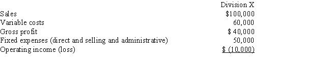 Consider the following portion of a segmented income statement for the year just ended.Assume fixed expenses of Division X include $30,000 of direct expenses and that the discontinuance of the department will not affect the sales of the other departments nor reduce the common expenses.     What is X's divisional segment margin? A)  ($10,000)  B)  $40,000 C)  $10,000 D)  $100,000