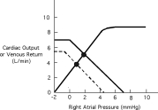 In the cardiac and vascular function curves shown below,the solid curves represent the control state:   The shift,illustrated by the dashed line,is explained by: A) Administration of positive inotropic agent. B) Hemorrhage. C) Infusion of isotonic saline. D) Increase in peripheral vascular resistance. E) Administration of a negative inotropic agent.