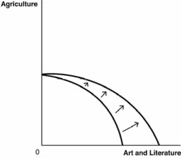 Use these production possibilities frontier PPF)  curves, which compare the ancient production of agricultural products to art and literature, to answer the next questions. A.    B.    C.    D.    E.    -Suppose the printing press is invented. Which graph best depicts how this would affect the PPF? A)  Graph A B)  Graph B C)  Graph C D)  Graph D E)  Graph E