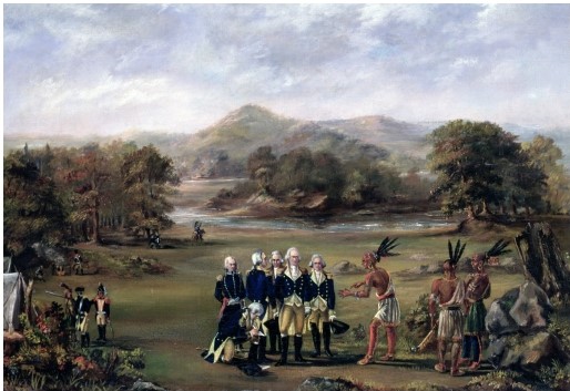 Why is it striking that the painting of the Treaty of Greenville features an Indian appearing to dictate terms to white Americans? A) Because Indians and white men did not speak the same language,so they would not have been able to verbally communicate B) Because the white Americans would never have taken direction from an Indian C) Because women always handled political negotiations in native cultures D) Because in reality,the terms of the treaty were mostly favorable to the United States rather than to native groups