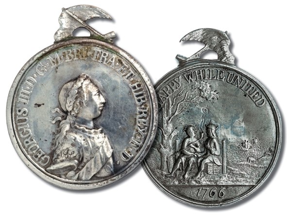 According to the inscription in  Silver Medal to Present to Indians,  who were  HAPPY WHILE UNITED ?   A)  All the European nations B)  The British and the Indians C)  The British among themselves D)  All colonists in the New World