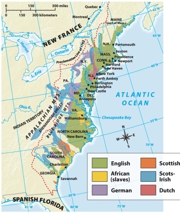 Where in the American colonies did the English primarily settle during the eighteenth century,according to Map 5.1: Europeans and Africans in the Eighteenth Century?   A)  Appalachian Mountains B)  Proclamation Line of 1763 C)  East Coast D)  Southeast region of North America