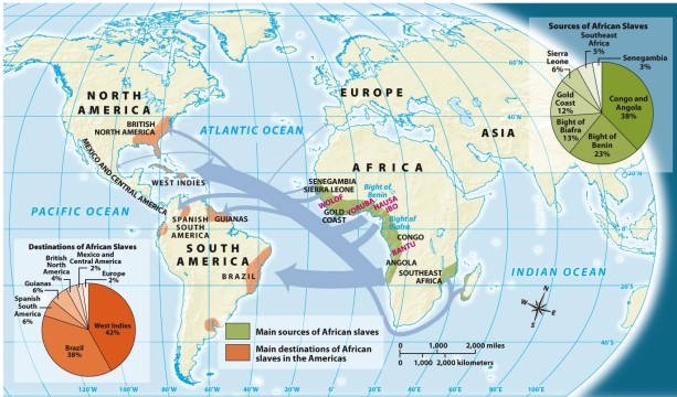 According Map 5.3: The Atlantic Slave Trade,what area was the largest source of African slaves? A) Gold Coast B) Congo and Angola C) Bight of Benin D) Bight of Biafra