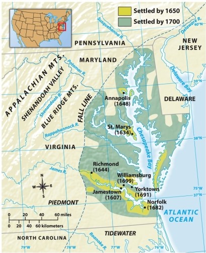 According to Map 3.1: Chesapeake Colonies in the Seventeenth Century,what river led most directly to the earliest established Chesapeake settlements?   A)  James River B)  Potomac River C)  Rappahannock River D)  Susquehanna River
