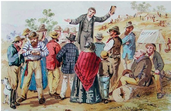 What does the drawing titled  Camp Meeting,Mid-Nineteenth Century  suggest about those who attended camp meetings and revivals?   A)  They possessed a relatively low-class status. B)  They were slaves. C)  They were wealthy. D)  They were a racially and economically diverse group.