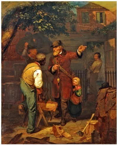 What can you infer about the status of the German immigrants from the 1855 painting shown in  A German Immigrant in New York ?   A)  They were relatively prosperous and respected. B)  They were viewed as equal to African Americans. C)  They were the least respected and successful of any immigrant group. D)  They were unable to immigrate as a family.