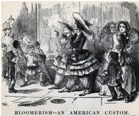 What did bloomers,like the ones featured in the 1851 cartoon titled  Bloomerism - An American Custom,  symbolize as a fashion statement?   A)  Wealth and status B)  Women's liberation C)  Support for the abolitionist movement D)  Support for the annexation of Mexico